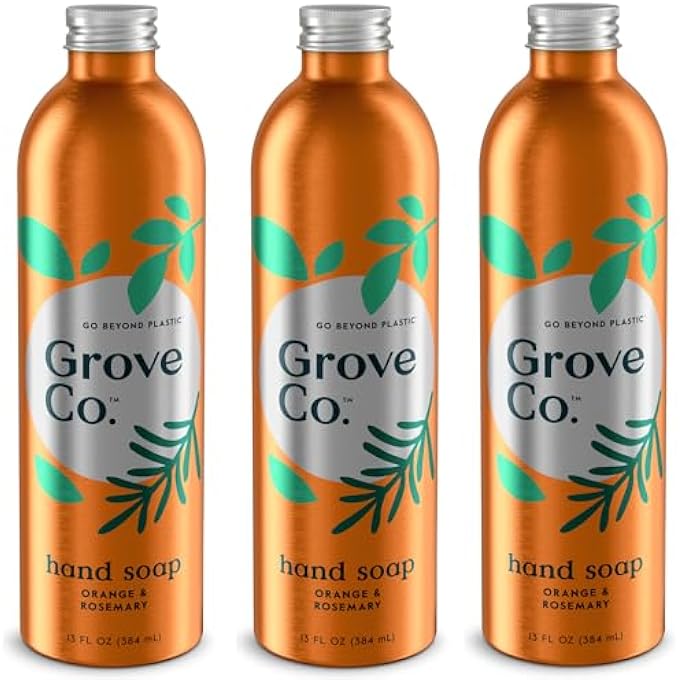 Grove Co. HYDRATING GEL HAND SOAP REFILLS (3 X 13 FL OZ) PLASTIC-FREE LIQUID HANDS CLEANER REFILL SET, LEAVES HANDS SOFT AND CLEAN, 100% NATURAL ORANGE & ROSEMARY FRAGRANCE - Image 1